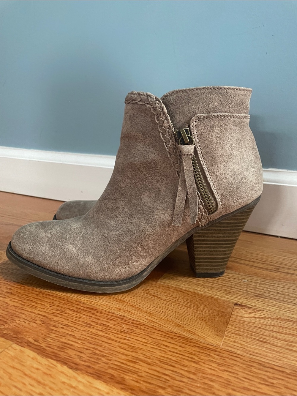 Women’s Braided Trim Taupe Suede Ankle Bootie